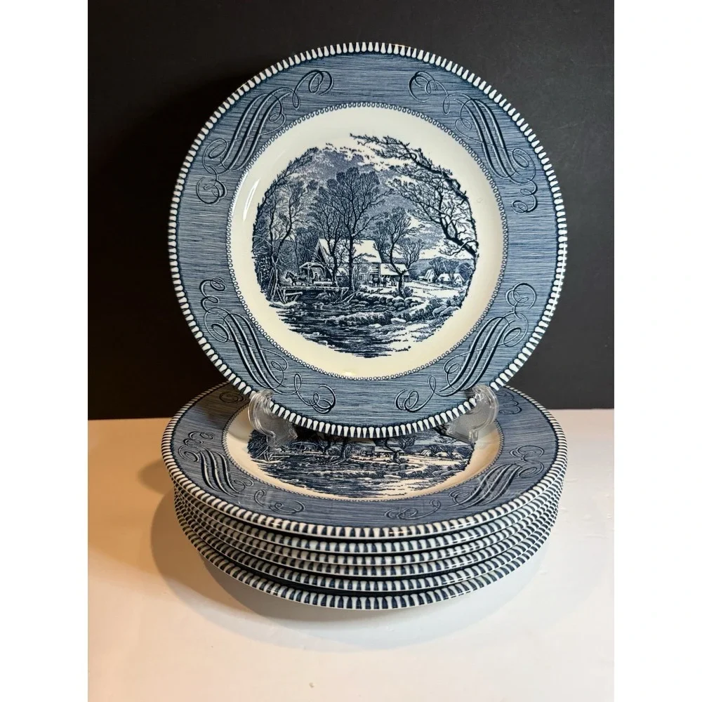 Set of 8 Currier & Ives Old Grist Mill Dinner Plates Royal USA Blue Transferware